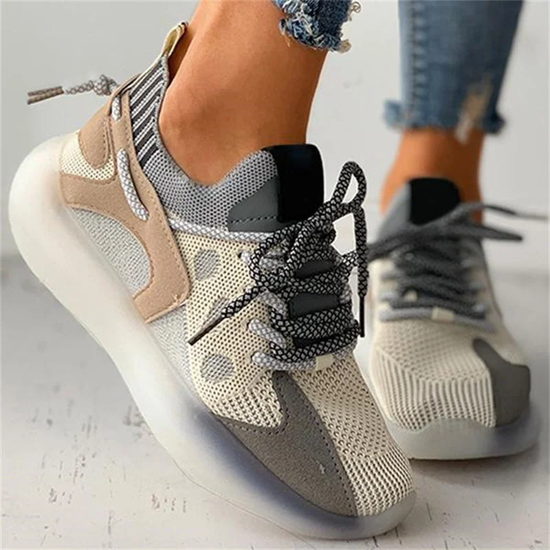 2022 Fashion Sneakers Women All Season Colorblock Lace Up Breathable Knit Casual Sneakers Womens Flat Shoes