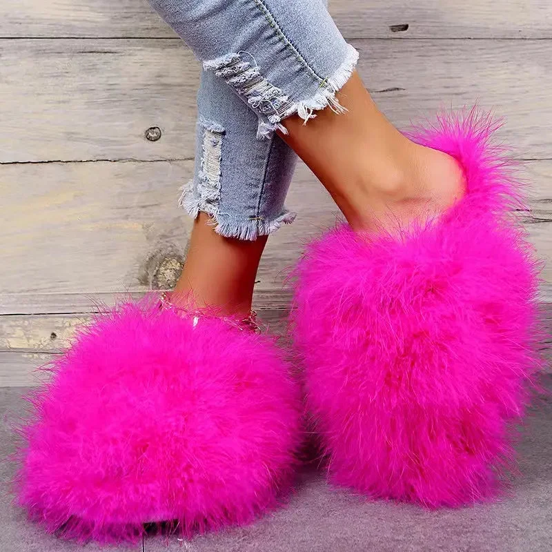 2022 Latest Fashion High Quality Solid Women's Fashion Soft Home Fluffy Fuzzy shoes Mongolian fur Slippers