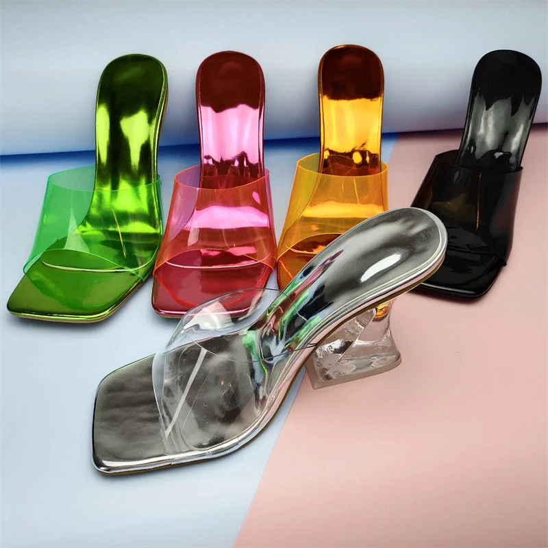 2022 Wholesale Korean Summer Fashion PU Clear Transparent block heel glass high heeled shoes Women's Sandals