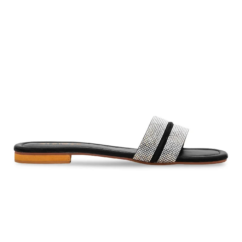 Black Fancy Chappal FN7701 Loose - Fit Slipper Style  