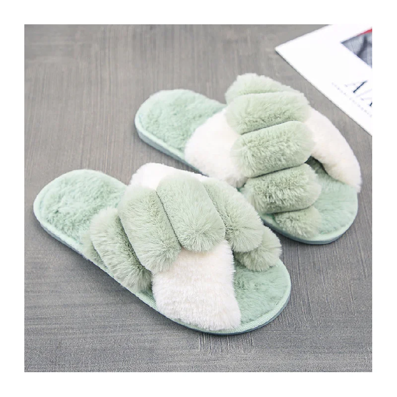 Indoor women fur slippers Trend two tone cross strap ladies fluffy slippers Open toe warm faux plush flat shoes