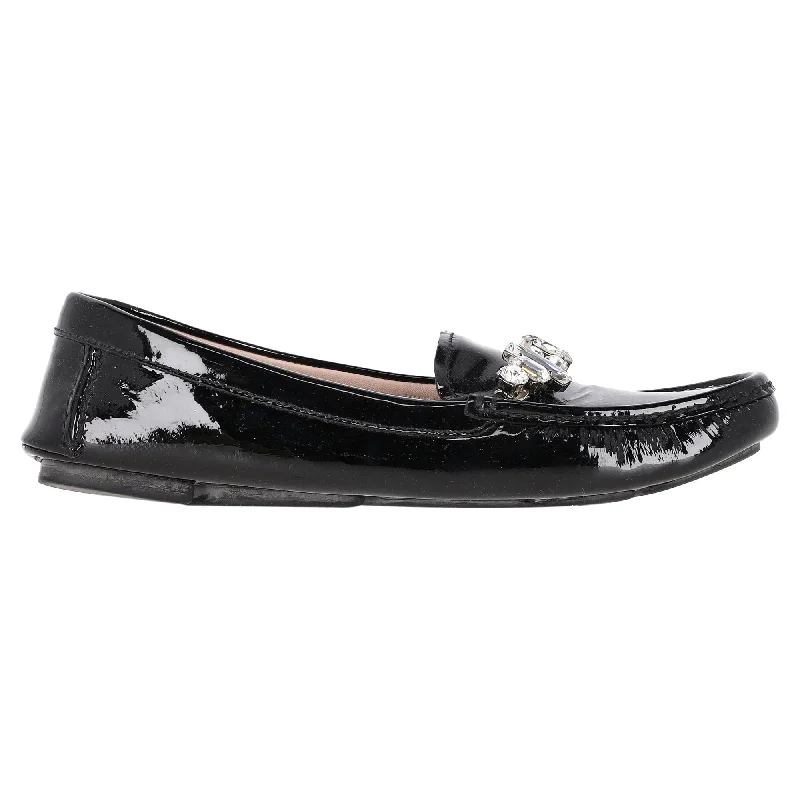 Miu Miu Crytal Detail Loafers in Black Patent Leather