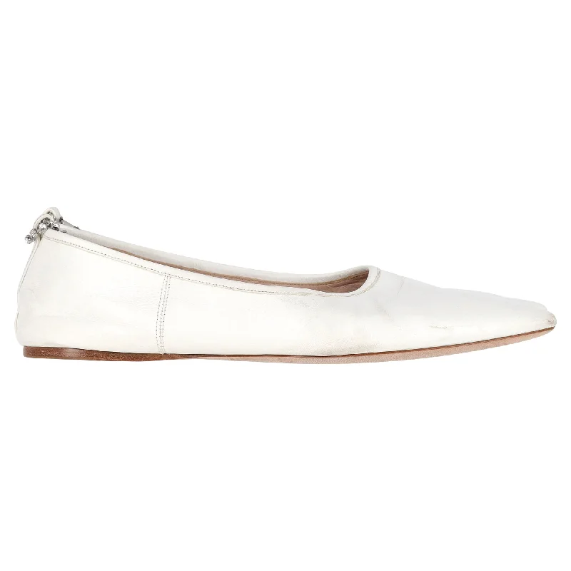 Miu Miu Embellished-Strap Pointed-Toe Ballet Flats in White Leather