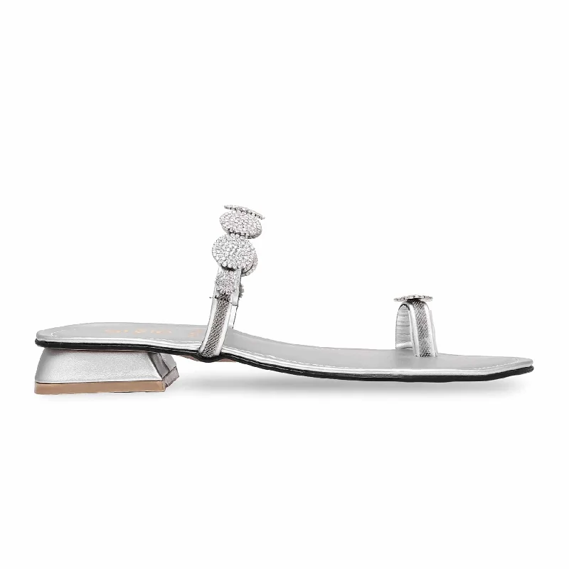 Silver Fancy Chappal FN0728 Loose - Fit Slipper Style  