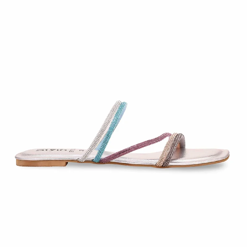 Silver Fancy Slipper FN7823 Strap - Up Sandal Resort Style  
