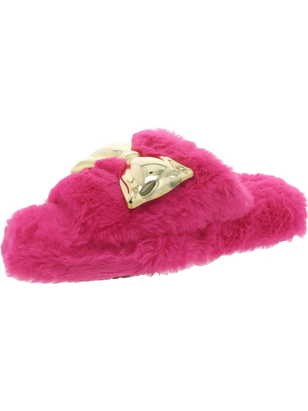 THE FUZZY BOW Womens Faux Fur Rubber sole Slide Slippers