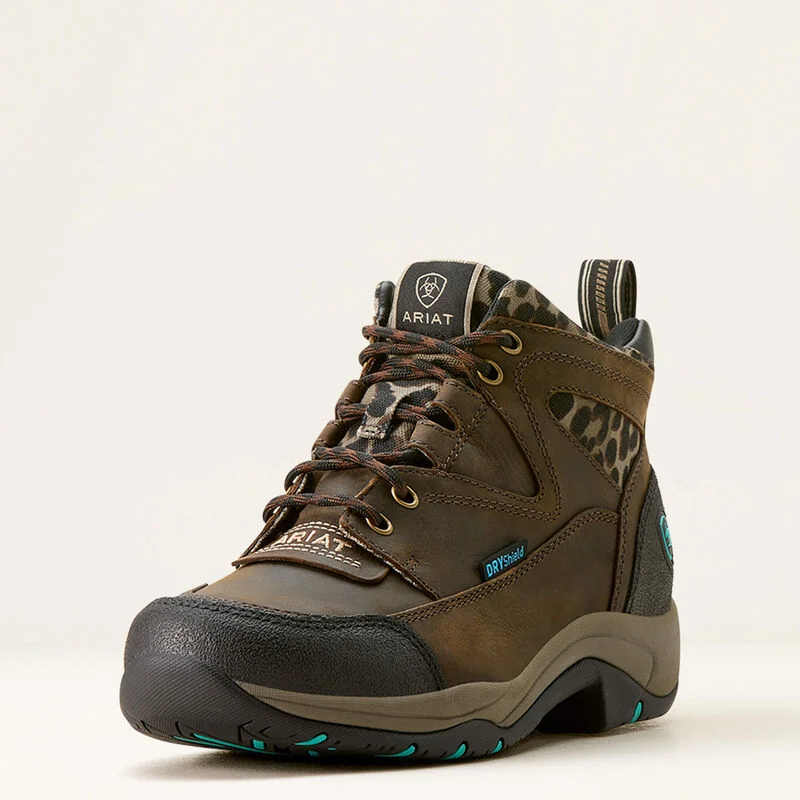 Ariat Ladies Terrain Waterproof Boot - Chocolate/Camo Leopard - 10053734 Distressed Leather Shoe Style  