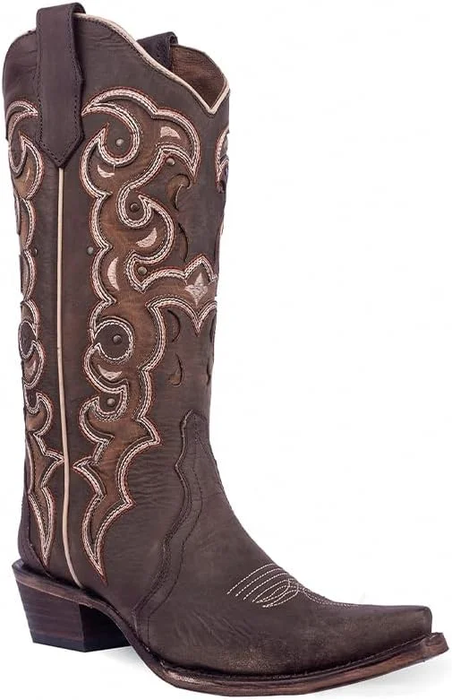 Circle G Ladies Chocolate Inlay & Embroidery & Studs L6029 Paisley Print Shoe Design  