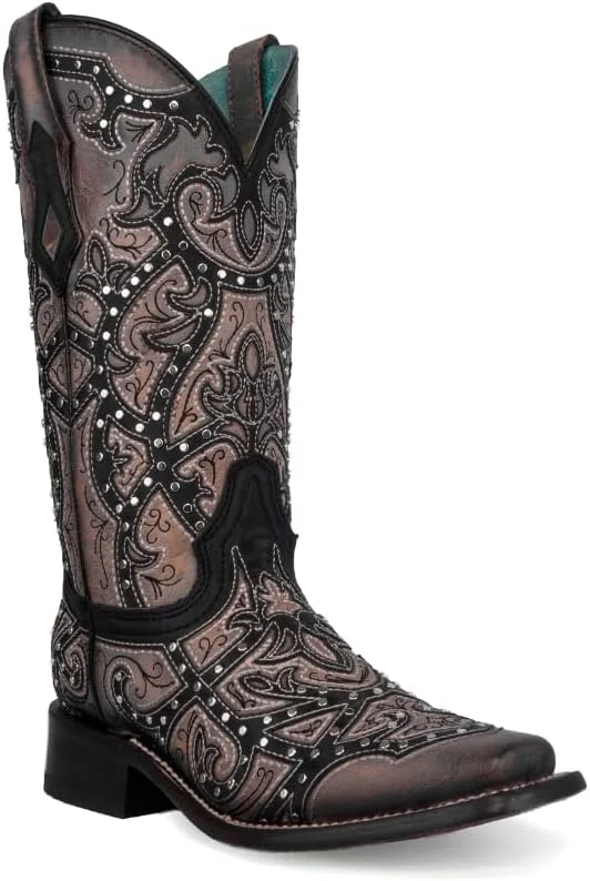 Corral Ladies Black/Copper Laser & Embroidery & Studs SQ toe - C4046 Tassel Driving Shoe Look 