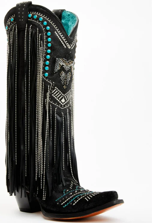Corral Ladies Black Embroidery & Crystals Eagle & Lamb Fringe Boots C4087 Business Monk Strap Style  