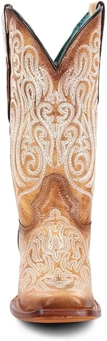 Corral Ladies Blue Luminescent Embroidery Square Toe Boot A4580 Edwardian Shoe Look  