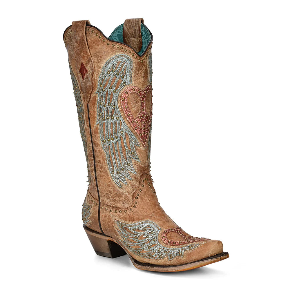 Corral Ladies Studded Heart & Wings Overlay Sand Western Boots A4235 Dressy Chelsea Boot Style 