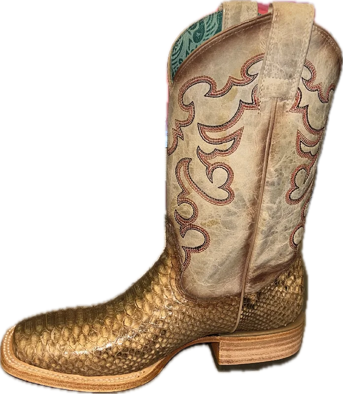 Corral Ladies Taupe-Beige Python Embroidery Wide Square Toe Boots - B5007 Loose - Fit Slipper Style  