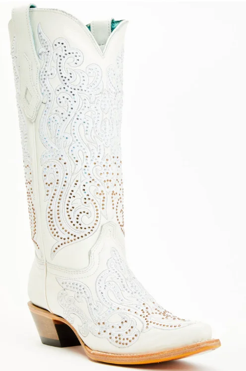 Corral Ladies White Embroidery & Crystals C4103 Slide Sandal Beach Style  