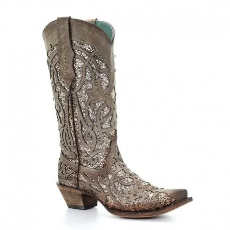 Corral Ladies Orix Glitter Inlay and Studs Snip Toe Boots C3331 Rubber - Sole Plimsoll Look  