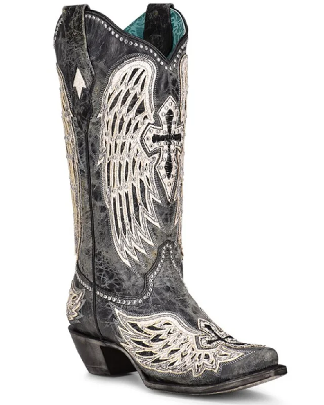 Corral Ladies Black Cross & Wings Overlay Western Boots - A4232 Loose - Fit Slipper Style  