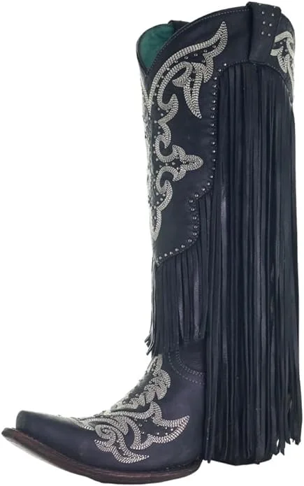 Corral Ladies Black Fringe Lamb Tall Snip Toe Cowgirl Boots C3706 Waterproof Hiking Boot Design  