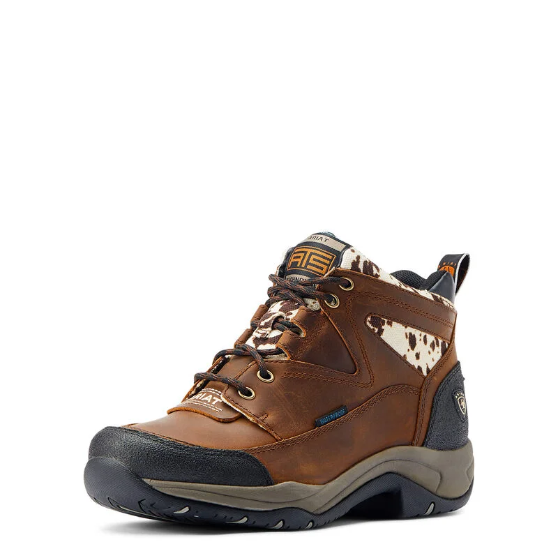 Ariat Ladies Terrain Waterproof Boot Distressed Brown with Speckled Cow Print 10044538 Mod Oxford Design  