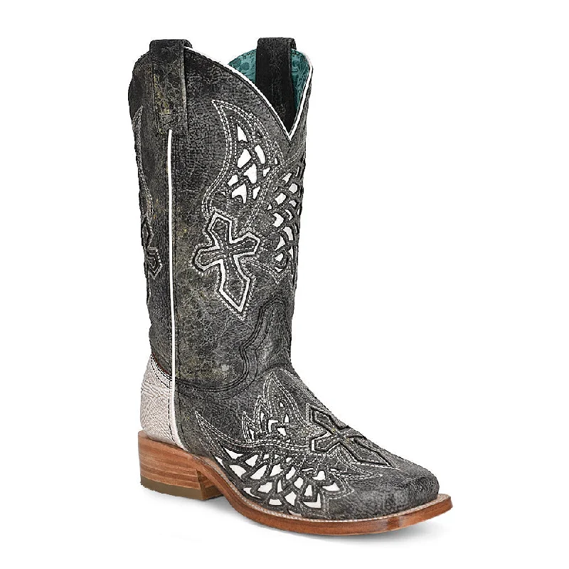 Corral Ladies Black/White Inlay Square Toe Boots A4333 Embroidered Cowboy Boot Design  
