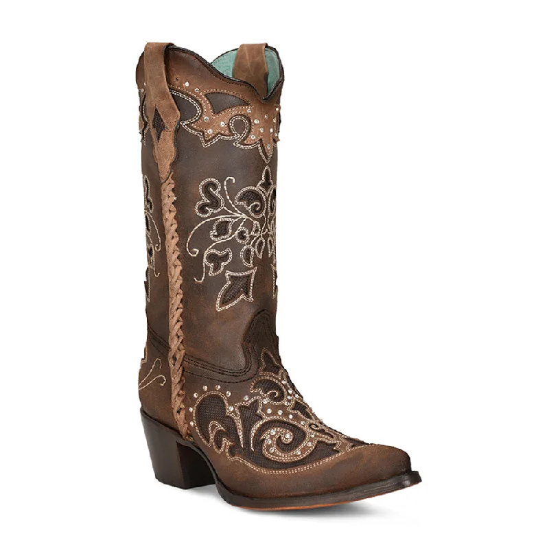 Corral Ladies Brown Inlay Embroidery Crystals & Woven Pointed Toe Boots C3933 Mod Oxford Design  