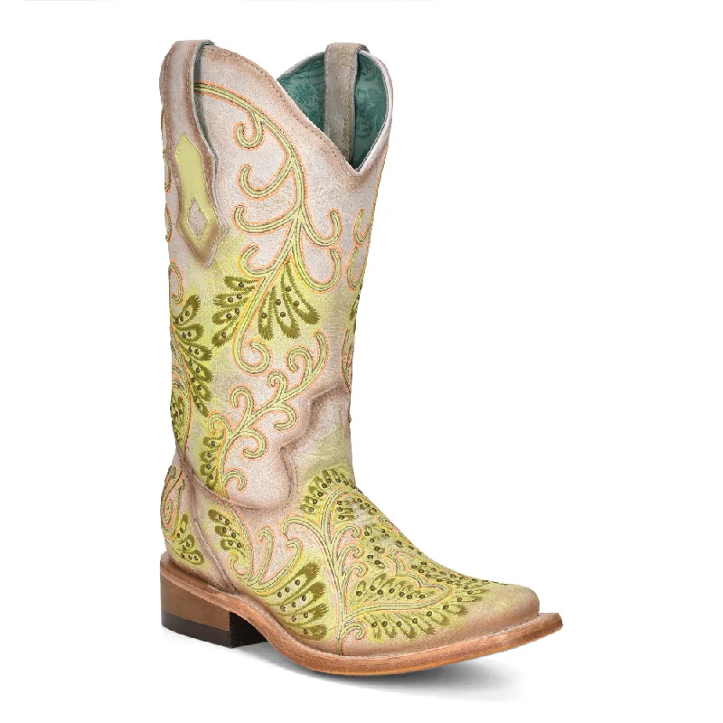 Corral Ladies White & Green Fluorescent Boots C3967 Loose - Fit Slipper Style  