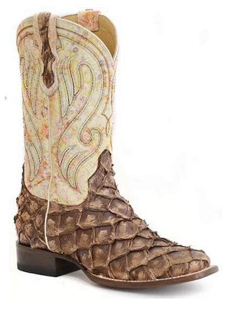 Roper Ladies All In Pirarucu Vamp Exotic Performance Western Boots Square Toe 09-021-6510-8236 Single - Buckle Monk Look  