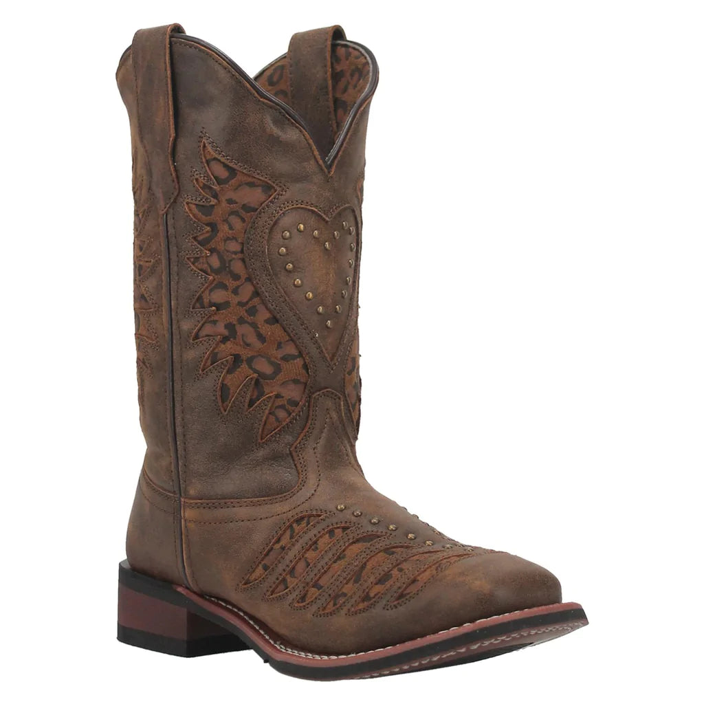 Laredo Ladies Stella Leopard Print Inlay Studded Boot Square Toe 5889 Comfortable Derby Style  