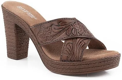 Roper Ladies Cognac Tooled Cross Strap Platform- 09-021-0946-3211 Ivy League - Inspired Derby Look 