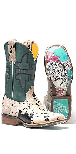 Tin Haul Ladies Shaggy Spot Boots #14-021-0007-1453 Checkered Shoe Pattern Look  