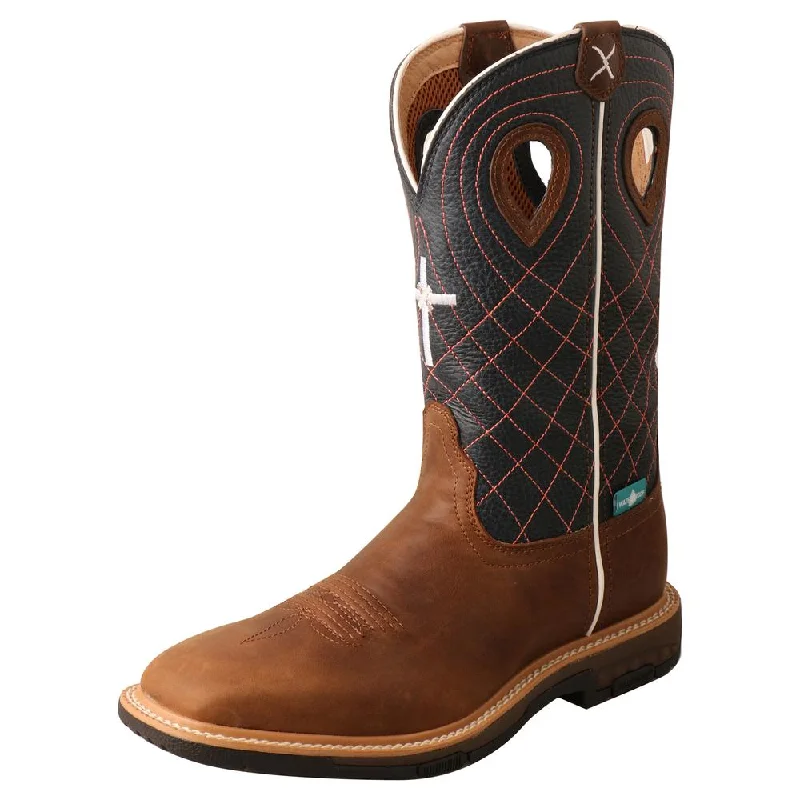 Twisted X Ladies 11" Waterproof Western Work Boots Brown/Navy WXBW001 Open - Lacing Derby Look  