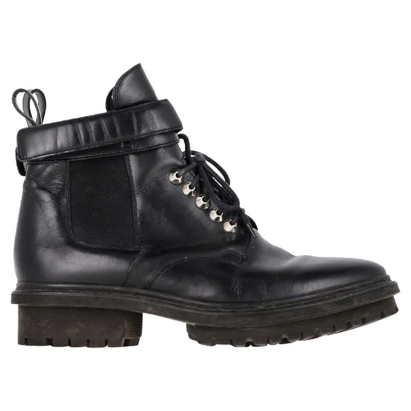 Balenciaga Lace Up Combat Boots in Black Calfskin Leather Casual Loafer Style          