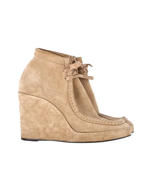 Balenciaga Lace-up Platform Wedge Ankle Boots in Beige Suede Loose - Fit Slipper Style  