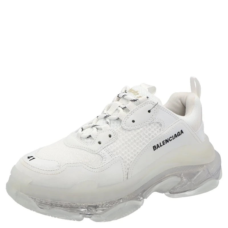 Balenciaga Men's Triple S Clear Sole Sneaker White Tailored Oxford Style 