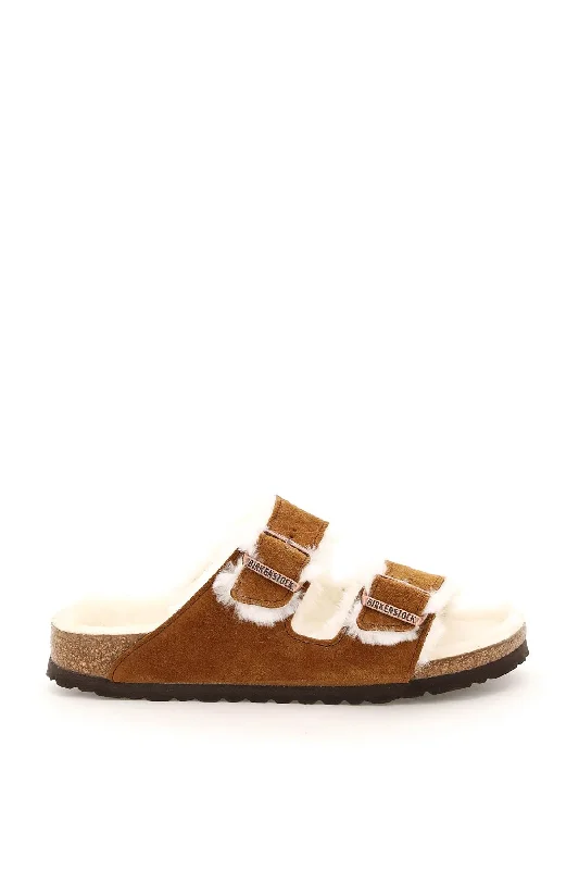 Birkenstock Arizona Shearling Mules Narrow Fit Metallic Trim Shoe Design  