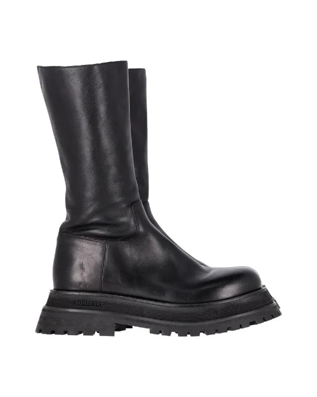 Burberry Jeffy Flatform Chunky Sole Boots in Black Leather Tailored Oxford Style 