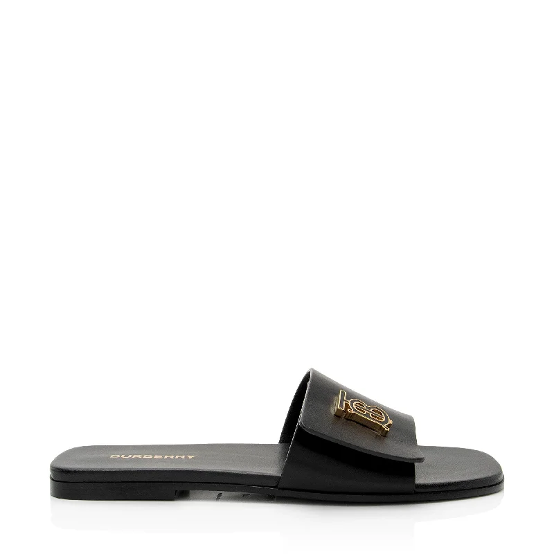 Burberry Leather TB Plaque Sandals Memory - Foam Slipper Look  