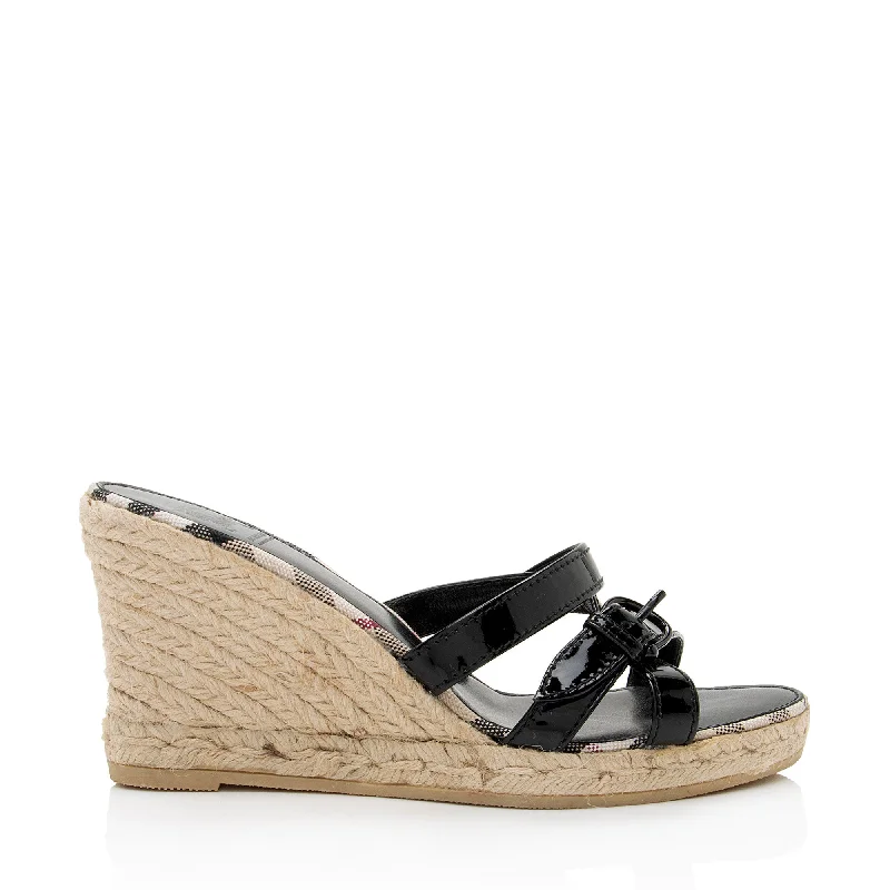 Burberry Patent Leather Check Wedge Sandals Monochromatic Shoe Look  