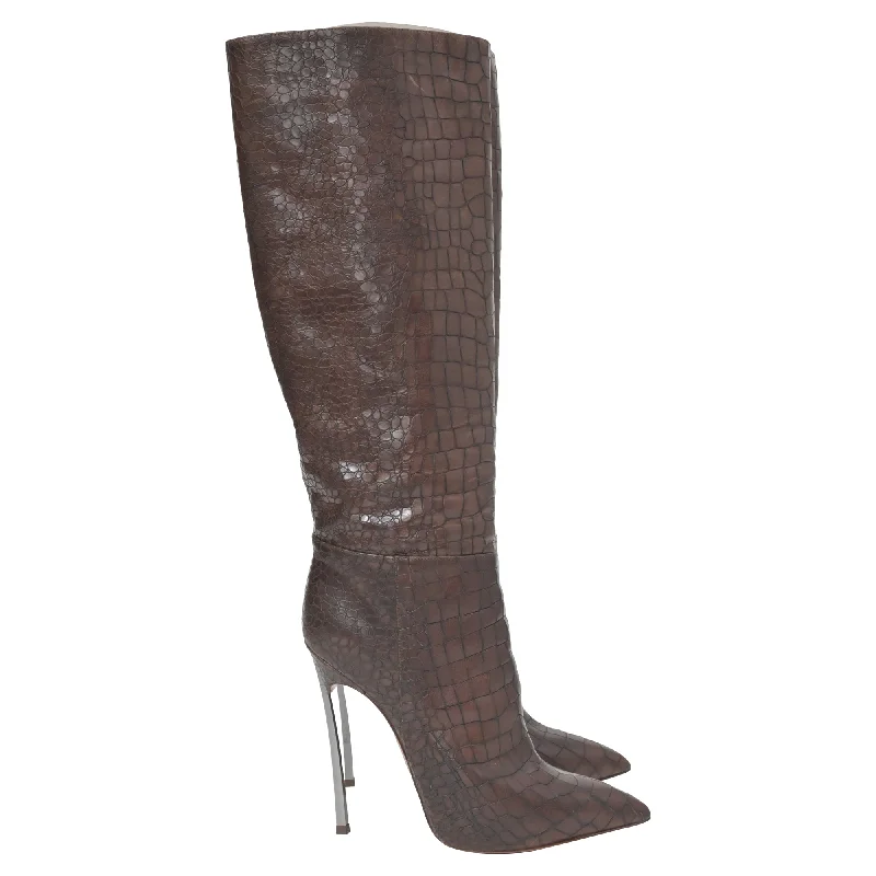 Casadei Croc-Embossed Knee High Boots in Brown Leather Paisley Print Shoe Design  