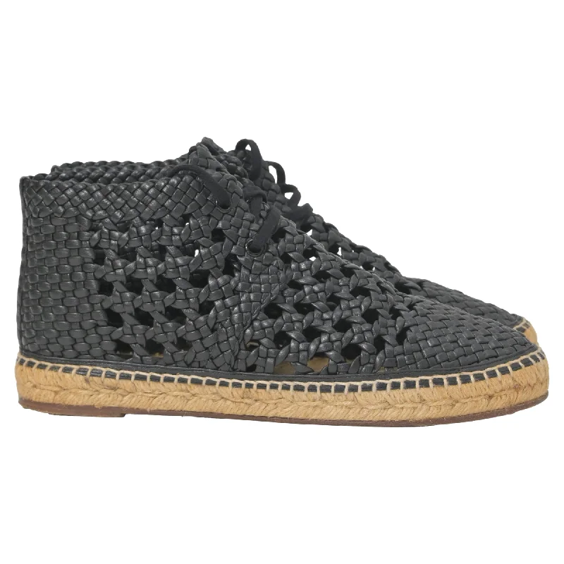 Celine Black Woven Espadrille Lace-Up Boots in Black Leather Beaded Moccasin Design 