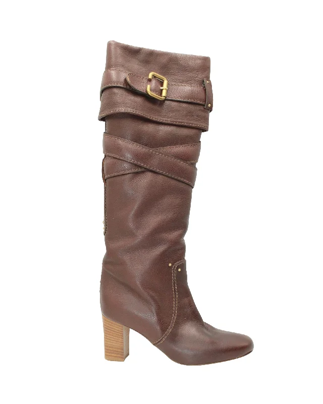 Chloe Paddington Knee Boots in Brown Leather Ivy League Loafer Look 