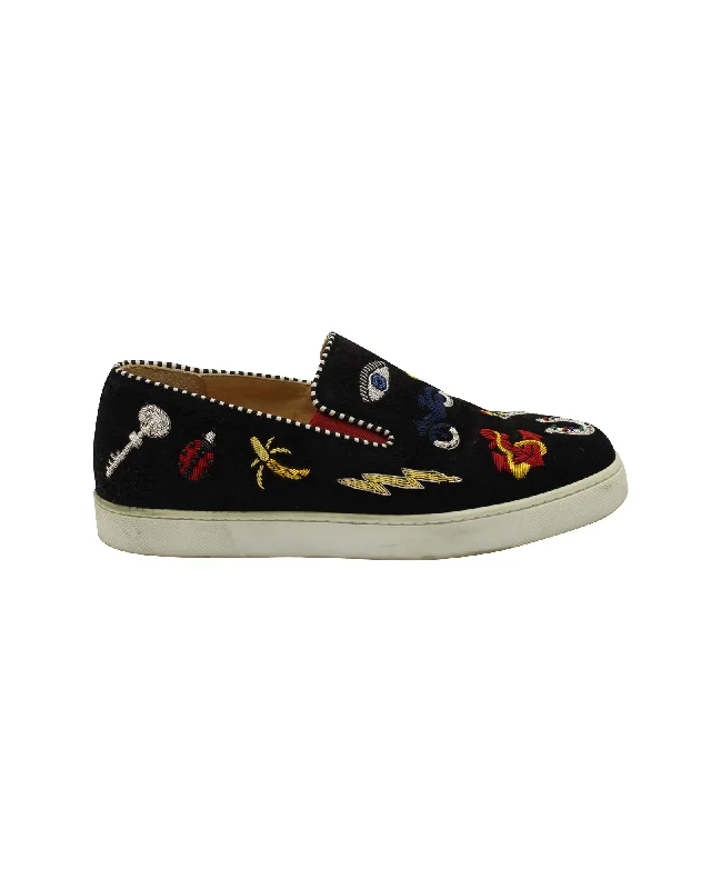 Christian Louboutin Embroidered Slip On Sneakers in Black Suede Vintage Oxford Appeal 