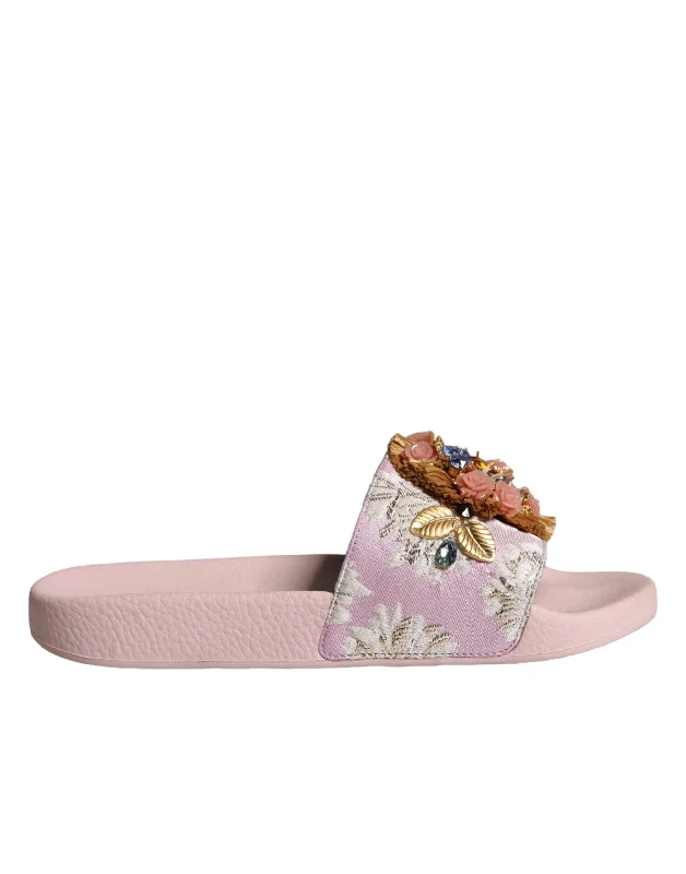 Dolce & Gabbana  Brocade Crystal Sandals Slides Beachwear Women's Shoes Strap - Up Sandal Resort Style  