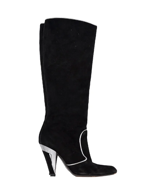 Dolce & Gabbana Knee-High Boots in Black Suede Embroidered Cowboy Boot Design  