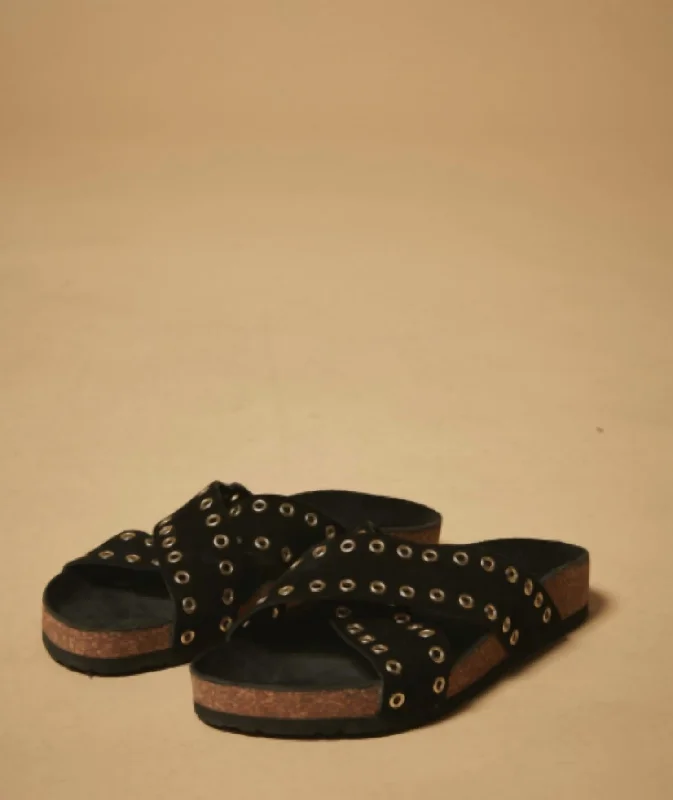 Edna Eyelet Sandal In Black Suede Strap - Up Sandal Resort Style  