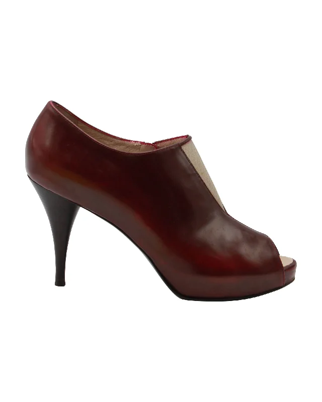 Fendi Cut-Out Peep-Toe Ankle Boots in Burgundy Leather Victorian - Era Boot Style  