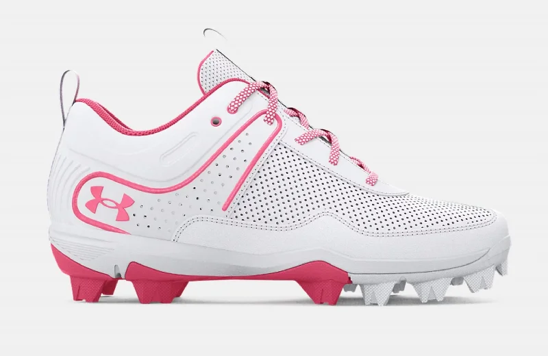 Girl's Glyde Softball Cleat Shoes In White/cerise Quilted Shoe Design  