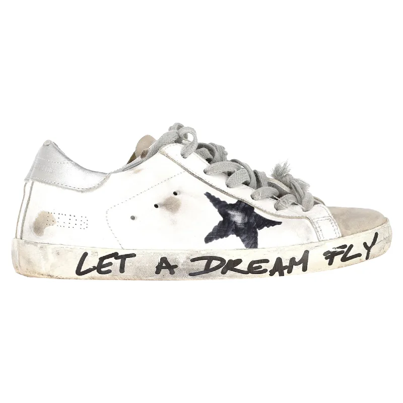 Golden Goose Super-Star "Let a Dream Fly" Lace-Up Sneakers in White Calfskin Leather Beaded Moccasin Design 