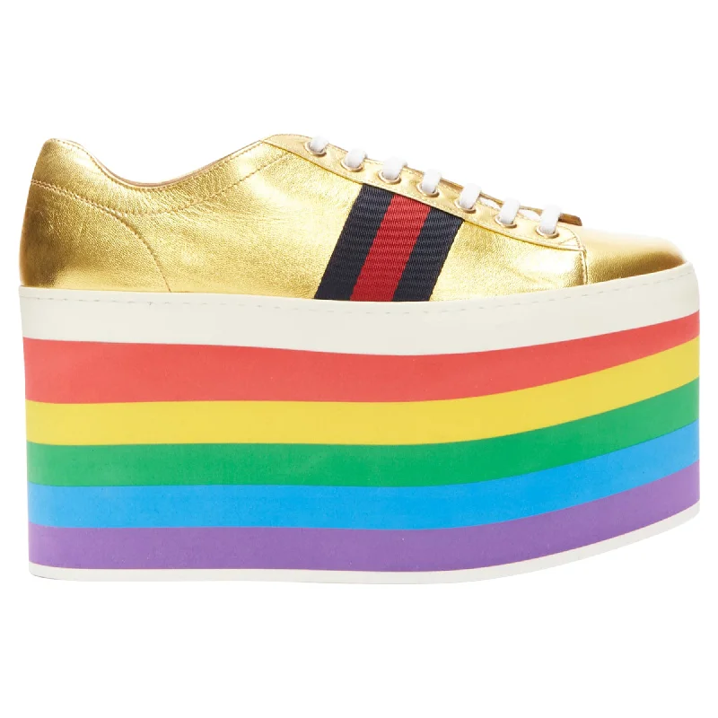 Gucci Alessandro Michele Peggy rainbow web platform sneakers Waterproof Hiking Boot Design  