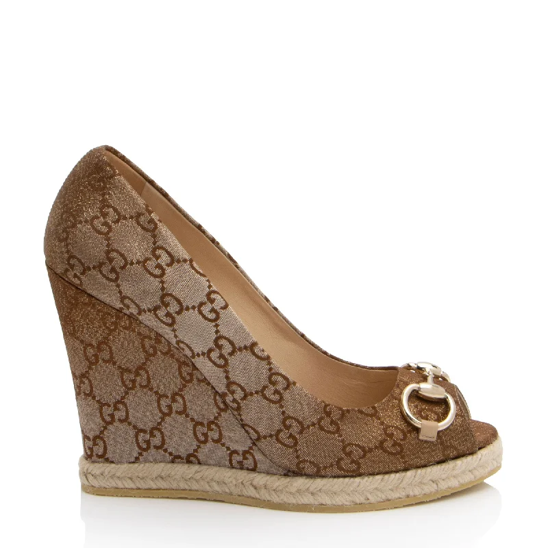 Gucci GG Canvas Horsebit Peep Toe Wedges Single - Buckle Monk Look  