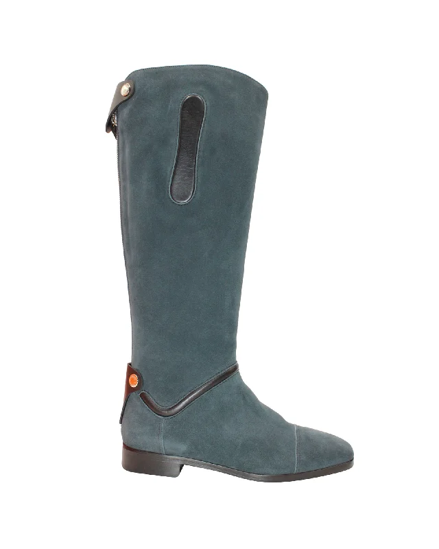 Hermes Knee-Length Boots in Blue Suede Waterproof Hiking Boot Design  